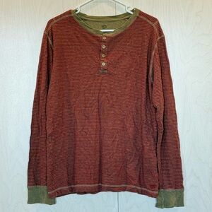 Vintage Men's Red Striped Long-Sleeve Henley with Tan Trim